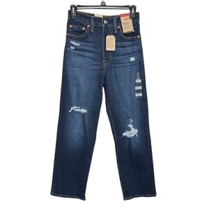 Levi's Ribcage Straight Ankle Distressed Jeans‎ Size 25x27 Dark Wash